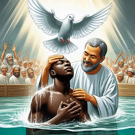 A man is baptized in the water and a dove is alighting on him and a happy witnessess are wtaching